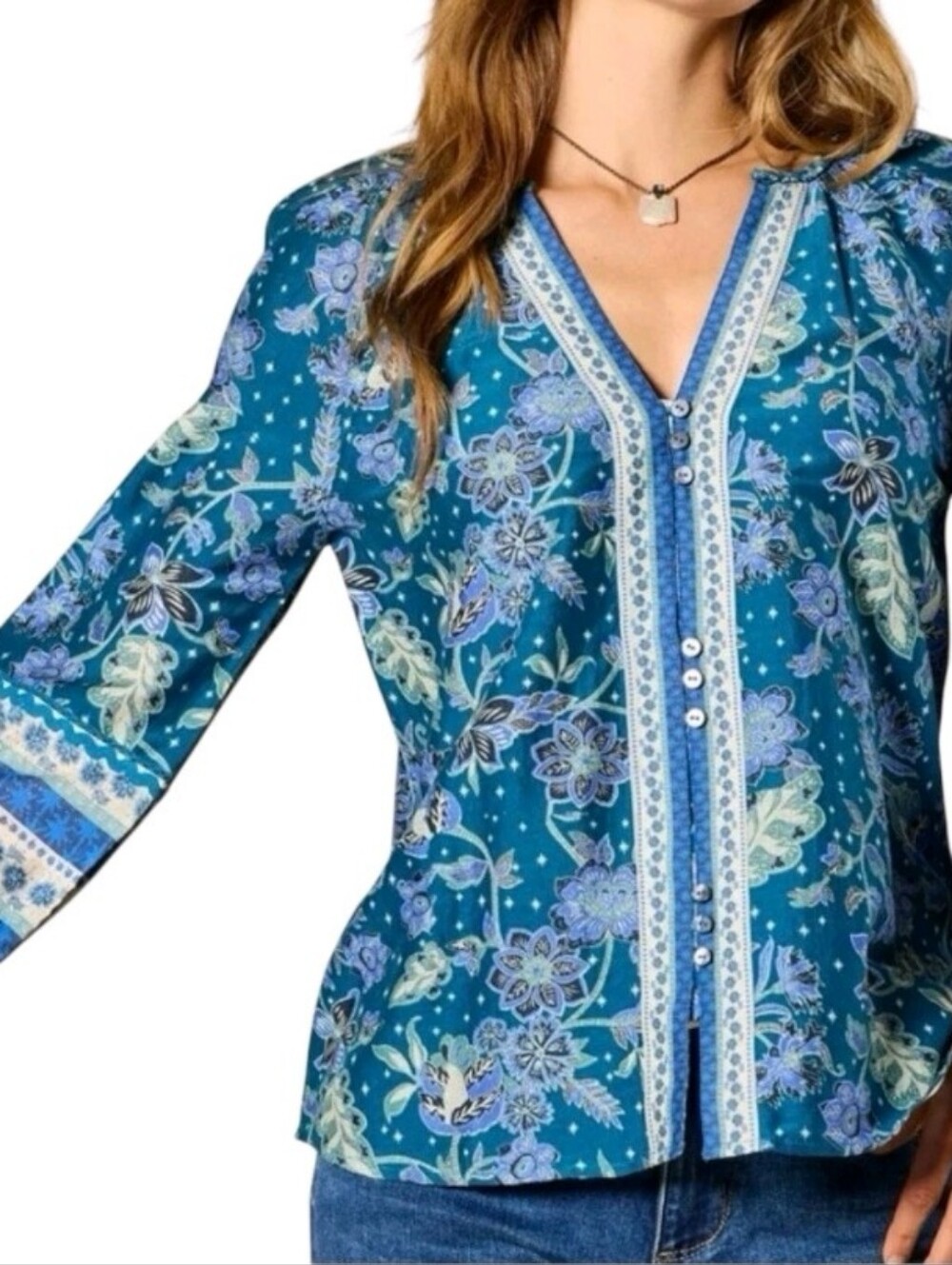 SUNDANCE Arvilla Top M Cotton Silk Blue Floral Boho Blouse